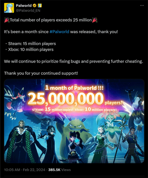 《幻兽帕鲁》2个月吸引2500万玩家 《艾尔登法环》用时近一年